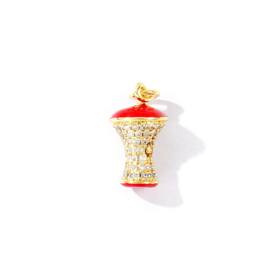 Bild von 1 Stück Umweltfreundlich Messing Charms Großhandel 18K Echtgold plattiert Rot Apfel Emaille Klar Kubischer Zirkon 19mm x 9mm