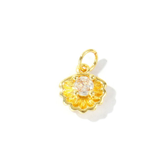 2 個 エコフレンドリー 真鍮 チャーム 卸売り 18Kリアルゴールドメッキ シェル クリア ジルコン 14mm x 10mm、 の画像