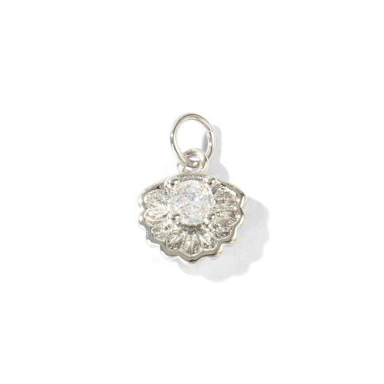 2 個 エコフレンドリー 真鍮 チャーム 卸売り リアルプラチナメッキ シェル クリア ジルコン 14mm x 10mm、 の画像