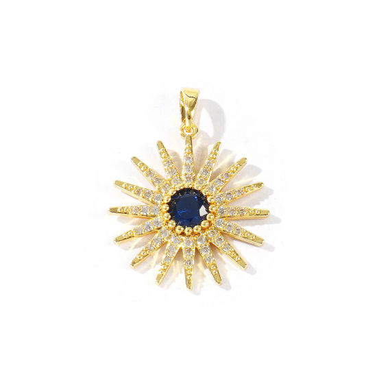 Image de 1 Pièce Pendentifs En Gros Galaxie en Laiton Plaqué Or 18K Soleil à Strass Bleu Foncé à Zircone Cubique Clair 3cm x 2.3cm