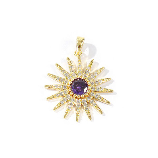 Image de 1 Pièce Pendentifs En Gros Galaxie en Laiton Plaqué Or 18K Soleil à Strass Pourpre à Zircone Cubique Clair 3cm x 2.3cm
