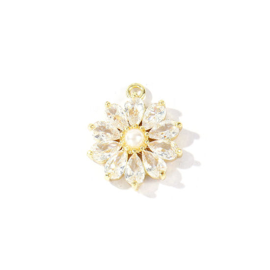 Imagen de 1 Unidad Latón Colgantes Al Por Mayor 18K Oro Real Chapado Flor Acrílico Imitación de Perla Claro Circón Artificial 18mm x 15mm