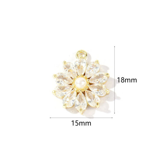 Imagen de 1 Unidad Latón Colgantes Al Por Mayor 18K Oro Real Chapado Flor Acrílico Imitación de Perla Claro Circón Artificial 18mm x 15mm