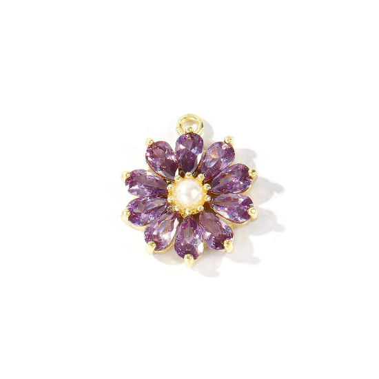 Imagen de 1 Unidad Latón Colgantes Al Por Mayor 18K Oro Real Chapado Flor Acrílico Imitación de Perla Púrpura Circón Artificial 18mm x 15mm