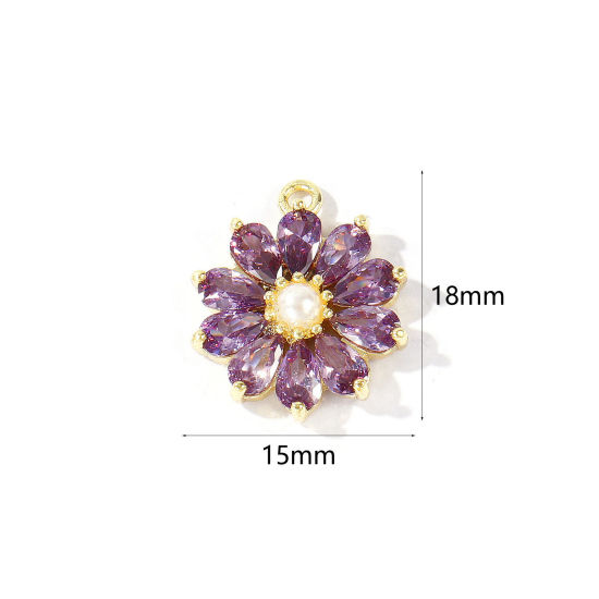 Imagen de 1 Unidad Latón Colgantes Al Por Mayor 18K Oro Real Chapado Flor Acrílico Imitación de Perla Púrpura Circón Artificial 18mm x 15mm