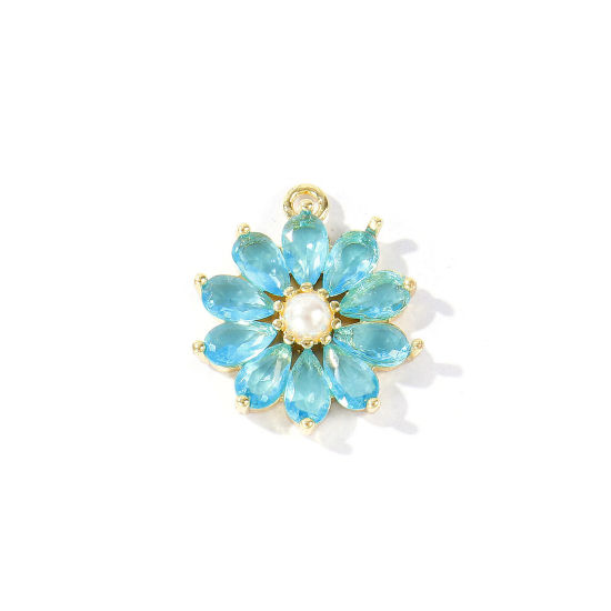 Imagen de 1 Unidad Latón Colgantes Al Por Mayor 18K Oro Real Chapado Flor Acrílico Imitación de Perla Azul Circón Artificial 18mm x 15mm