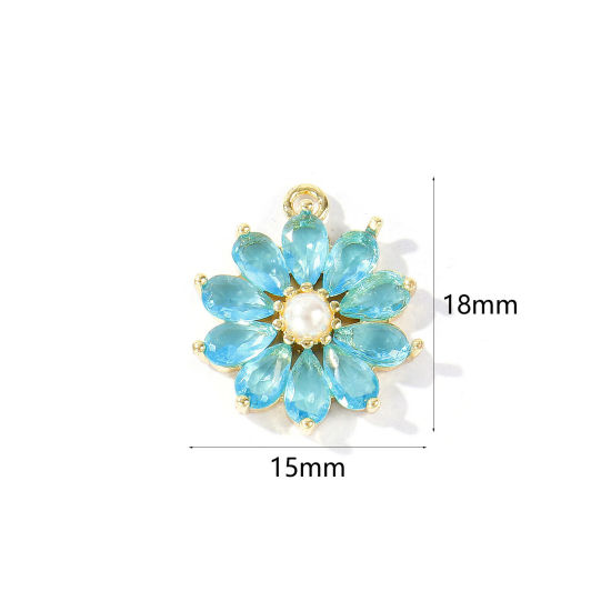 Imagen de 1 Unidad Latón Colgantes Al Por Mayor 18K Oro Real Chapado Flor Acrílico Imitación de Perla Azul Circón Artificial 18mm x 15mm