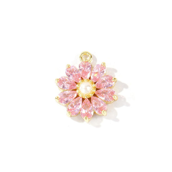 Imagen de 1 Unidad Latón Colgantes Al Por Mayor 18K Oro Real Chapado Flor Acrílico Imitación de Perla Rosado Circón Artificial 18mm x 15mm