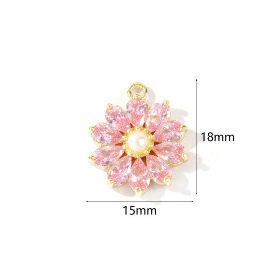 Imagen de 1 Unidad Latón Colgantes Al Por Mayor 18K Oro Real Chapado Flor Acrílico Imitación de Perla Rosado Circón Artificial 18mm x 15mm