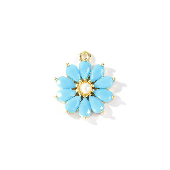 Imagen de 1 Unidad Latón Colgantes Al Por Mayor 18K Oro Real Chapado Flor Acrílico Imitación de Perla Azul Claro Circón Artificial 18mm x 15mm