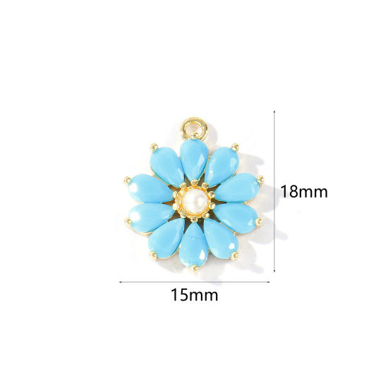 Imagen de 1 Unidad Latón Colgantes Al Por Mayor 18K Oro Real Chapado Flor Acrílico Imitación de Perla Azul Claro Circón Artificial 18mm x 15mm