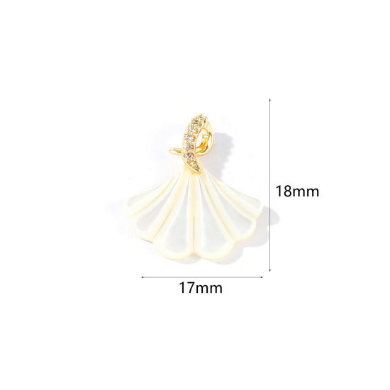 Immagine di 1 Pz Conchiglie Naturali & Ottone Ciondoli All'Ingrosso Placcato Oro 18K Bianco A Forma di Ventagli Micro Spianare Trasparente Cubic Zirconiae 18mm x 17mm
