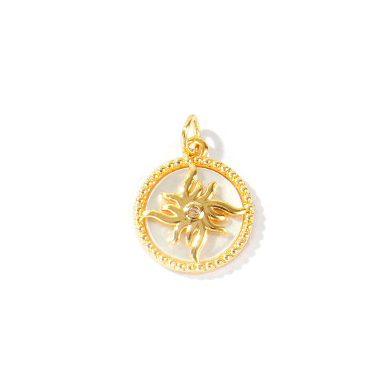 Immagine di 1 Pz Conchiglie Naturali & Ottone Galassia Ciondoli All'Ingrosso Placcato Oro 18K Tondo Sole Trasparente Cubic Zirconiae 20mm x 14.5mm