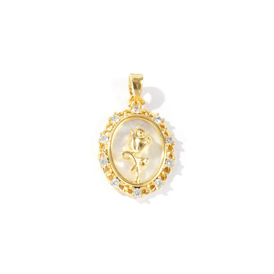 Immagine di 1 Pz Conchiglie Naturali & Ottone Ciondoli Pendenti All'Ingrosso Placcato Oro 18K Ovale Rosa Micro Spianare Trasparente Cubic Zirconiae 25mm x 15mm