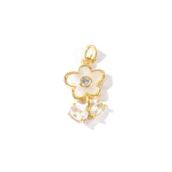Immagine di 1 Pz Conchiglie Naturali & Ottone Ciondoli Pendenti All'Ingrosso Placcato Oro 18K Bianco Fiore Trasparente Cubic Zirconiae 27mm x 13mm
