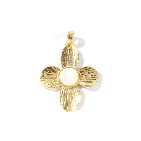 Immagine di 1 Pz Conchiglie Naturali & Ottone Ciondoli Pendenti All'Ingrosso Placcato Oro 18K Bianco Fiore 3.6cm x 2.4cm