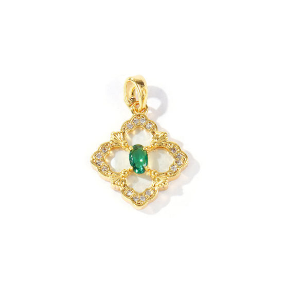 Picture of 1 Piece Natural Shell & Brass Charm Pendant Wholesale 18K Gold Plated Rhombus Micro Pave Green Cubic Zirconia 23mm x 16mm