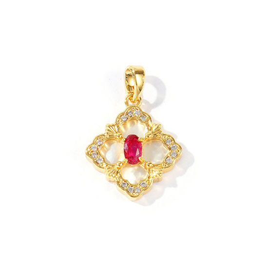 Picture of 1 Piece Natural Shell & Brass Charm Pendant Wholesale 18K Gold Plated Rhombus Micro Pave Fuchsia Cubic Zirconia 23mm x 16mm