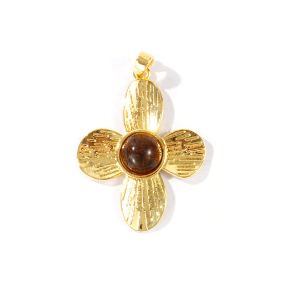 Immagine di 1 Pz Ottone & Pietra di Occhi di Tigre Ciondoli Pendenti All'Ingrosso Placcato Oro 18K Marrone Fiore 3.6cm x 2.4cm