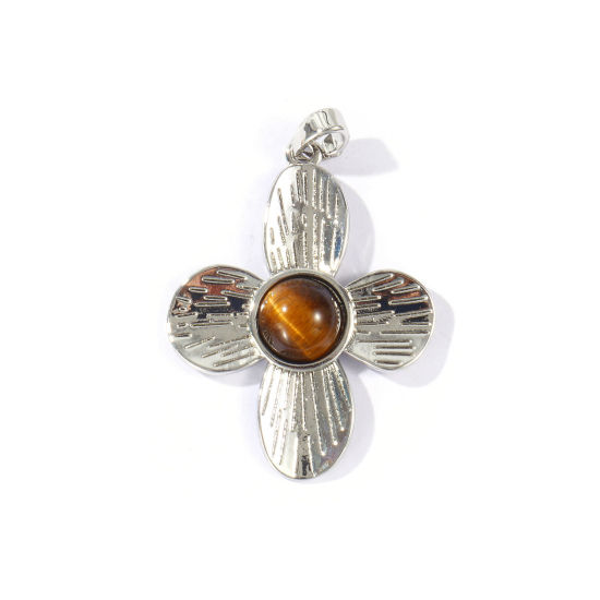 Immagine di 1 Pz Ottone & Pietra di Occhi di Tigre Ciondoli Pendenti All'Ingrosso Platino Placcato Marrone Fiore 3.6cm x 2.4cm