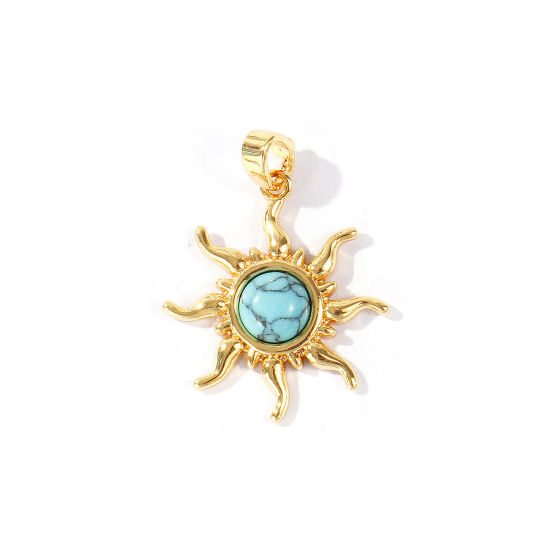Picture of 2 PCs Brass & Turquoise Galaxy Charm Pendant Wholesale 18K Gold Plated Green Blue Sun 27mm x 20mm
