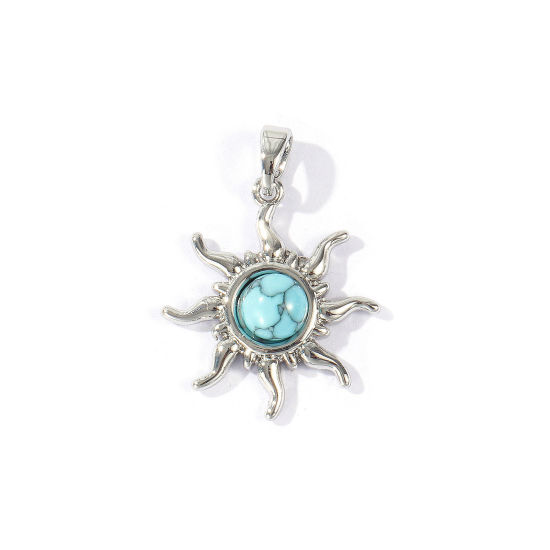 Picture of 2 PCs Brass & Turquoise Galaxy Charm Pendant Wholesale Platinum Plated Green Blue Sun 27mm x 20mm