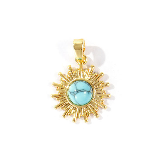 Picture of 2 PCs Brass & Turquoise Galaxy Charm Pendant Wholesale 18K Gold Plated Green Blue Sun 21mm x 15mm