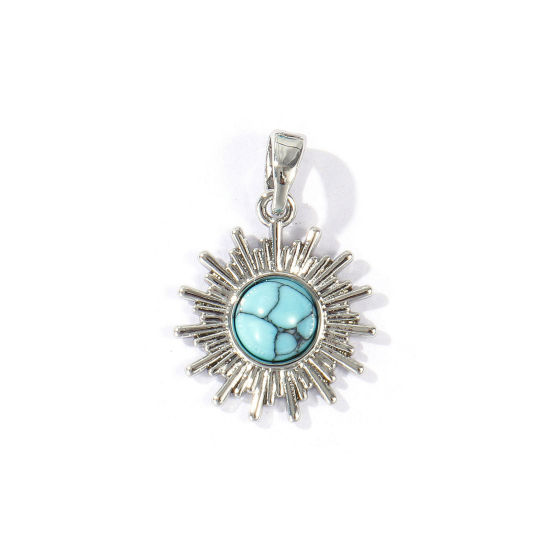 Picture of 2 PCs Brass & Turquoise Galaxy Charm Pendant Wholesale Platinum Plated Green Blue Sun 21mm x 15mm