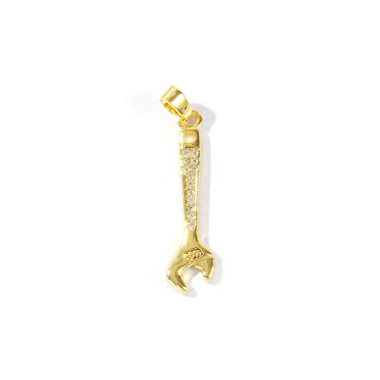Immagine di 2 Pz Ecologico Ottone Ciondoli Pendenti All'Ingrosso 18K Vero Oro Placcato Chiave Inglese Micro Spianare Trasparente Cubic Zirconiae 3.1cm x 0.7cm