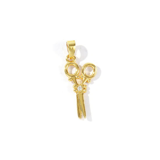 Immagine di 2 Pz Ecologico Ottone Ciondoli Pendenti All'Ingrosso 18K Vero Oro Placcato Forbici 3D Trasparente Cubic Zirconiae 25mm x 10mm