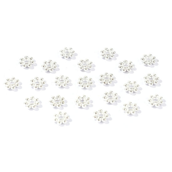 Imagen de 50 Unidades Latón Perlas Espaciadoras para Hacer Pulseras DIY Hallazgos para Hacer Joyas Al Por Mayor Chapado en Plata de Ley 925 Flor 6mm Diámetro, Agujero: Aprox 1.4mm