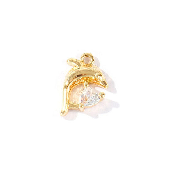 Immagine di 2 Pz Ottone Gioielli Oceanici Ciondoli All'Ingrosso Placcato Oro 18K Delfino Trasparente Cubic Zirconiae 14mm x 9mm