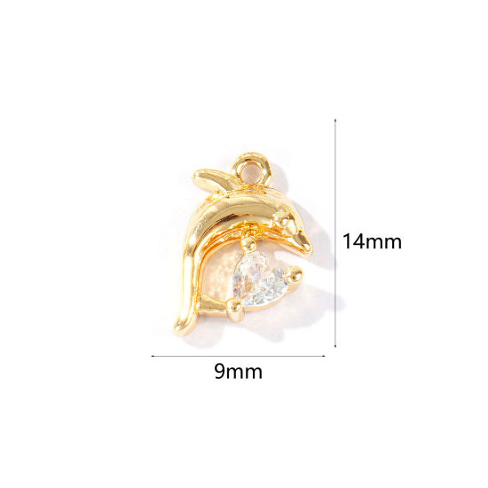 Immagine di 2 Pz Ottone Gioielli Oceanici Ciondoli All'Ingrosso Placcato Oro 18K Delfino Trasparente Cubic Zirconiae 14mm x 9mm