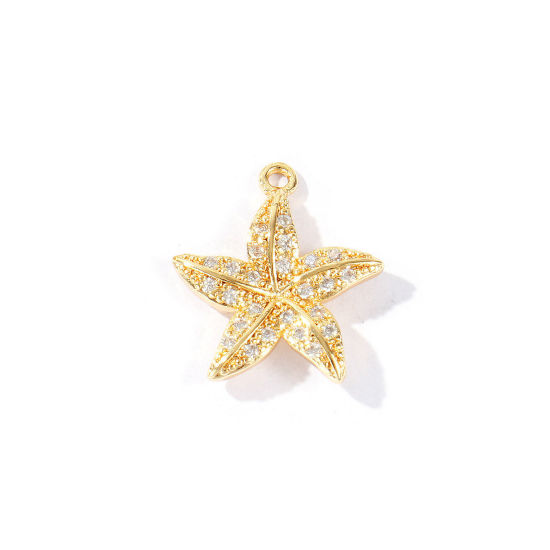 Immagine di 2 Pz Ottone Gioielli Oceanici Ciondoli All'Ingrosso Placcato Oro 18K Stella di Mare Trasparente Cubic Zirconiae 18.5mm x 16.5mm