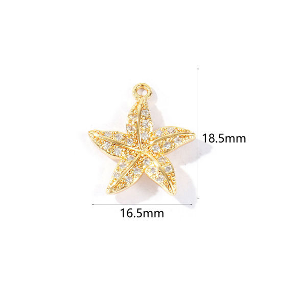 Immagine di 2 Pz Ottone Gioielli Oceanici Ciondoli All'Ingrosso Placcato Oro 18K Stella di Mare Trasparente Cubic Zirconiae 18.5mm x 16.5mm