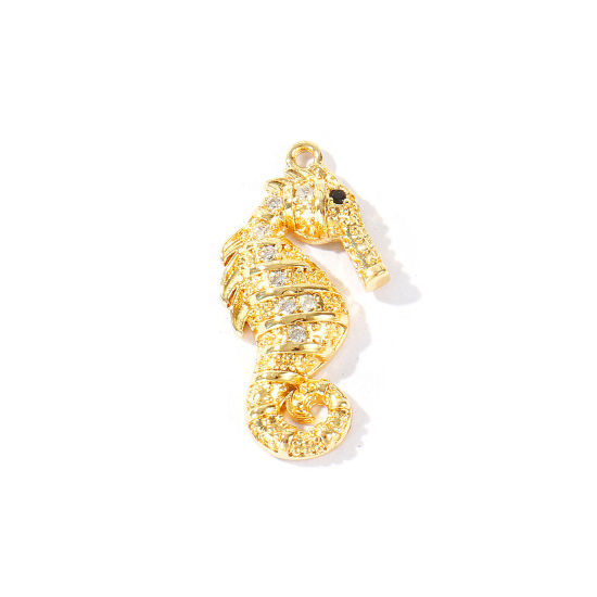 Immagine di 2 Pz Ottone Gioielli Oceanici Ciondoli All'Ingrosso Placcato Oro 18K Cavalluccio Marino Trasparente Cubic Zirconiae 23mm x 12mm