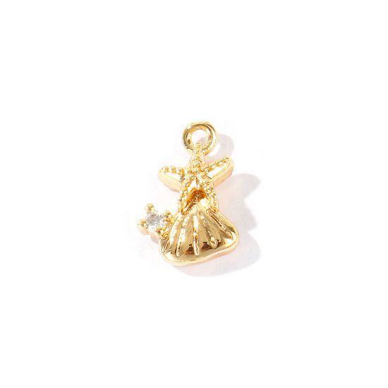 Immagine di 2 Pz Ottone Gioielli Oceanici Ciondoli All'Ingrosso Placcato Oro 18K Stella di Mare Conchiglia Trasparente Cubic Zirconiae 13mm x 9mm