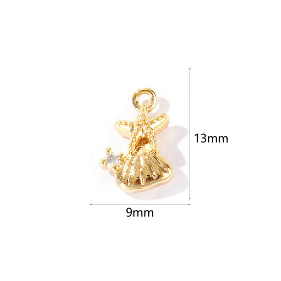 Immagine di 2 Pz Ottone Gioielli Oceanici Ciondoli All'Ingrosso Placcato Oro 18K Stella di Mare Conchiglia Trasparente Cubic Zirconiae 13mm x 9mm