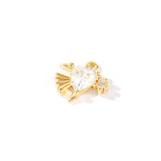 Immagine di 2 Pz Ottone Gioielli Oceanici Ciondoli All'Ingrosso Placcato Oro 18K Pesce Rosso Mini Trasparente Cubic Zirconiae 10mm x 9mm
