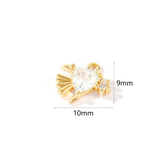 Immagine di 2 Pz Ottone Gioielli Oceanici Ciondoli All'Ingrosso Placcato Oro 18K Pesce Rosso Mini Trasparente Cubic Zirconiae 10mm x 9mm