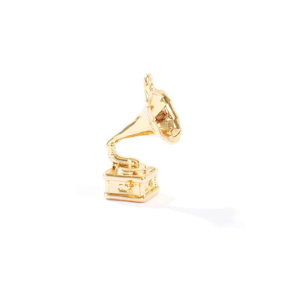 Image de 2 Pcs Breloques En Gros en Laiton Plaqué Or 18K Gramophone 3D 18mm x 9mm