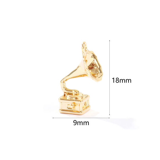 Image de 2 Pcs Breloques En Gros en Laiton Plaqué Or 18K Gramophone 3D 18mm x 9mm