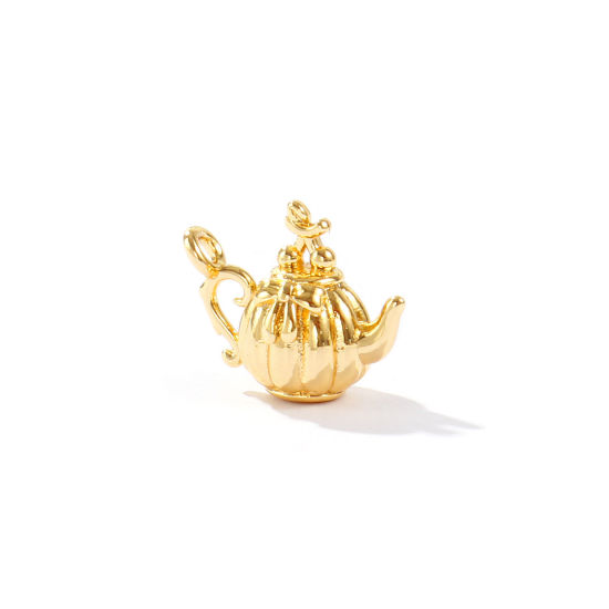 Image de 2 Pcs Breloques En Gros Mini en Laiton Plaqué Or 18K Théière 3D 12mm x 10mm