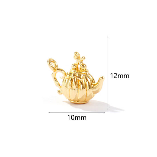Image de 2 Pcs Breloques En Gros Mini en Laiton Plaqué Or 18K Théière 3D 12mm x 10mm