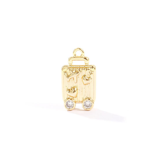 Image de 2 Pcs Breloques En Gros Voyage en Laiton Plaqué Or 18K Valise à Roulettes 3D à Zircone Cubique Clair 16mm x 9mm