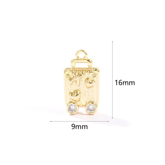 Image de 2 Pcs Breloques En Gros Voyage en Laiton Plaqué Or 18K Valise à Roulettes 3D à Zircone Cubique Clair 16mm x 9mm