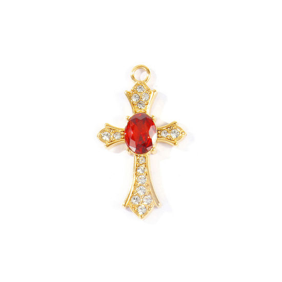 Picture of 2 PCs Eco-friendly PVD 304 Stainless Steel Religious Pendants Wholesale 18K Real Gold Plated Cross Red Rhinestone 31mm x 18mm