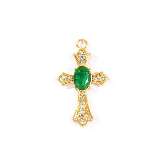 Picture of 2 PCs Eco-friendly PVD 304 Stainless Steel Religious Pendants Wholesale 18K Real Gold Plated Cross Green Rhinestone 31mm x 18mm