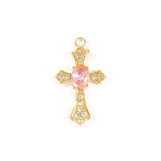 Picture of 2 PCs Eco-friendly PVD 304 Stainless Steel Religious Pendants Wholesale 18K Real Gold Plated Cross Pink Rhinestone 31mm x 18mm