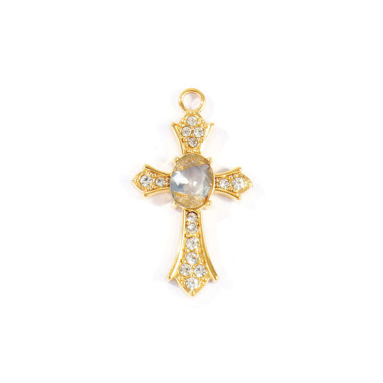Picture of 2 PCs Eco-friendly PVD 304 Stainless Steel Religious Pendants Wholesale 18K Real Gold Plated Cross Gray Rhinestone 31mm x 18mm